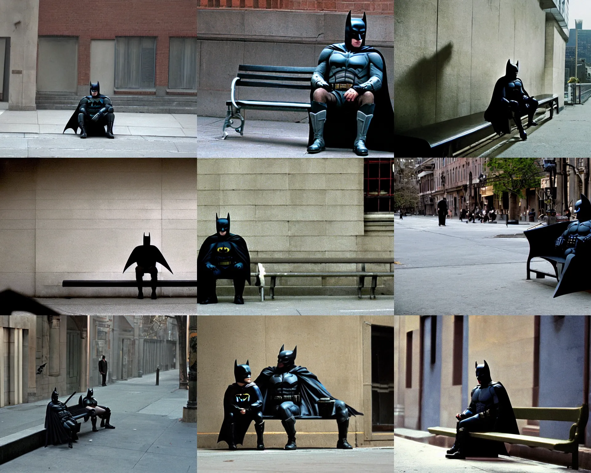 Prompt: color film still, batman sitting on the bench, street, day, automorphic light. ; the dark knight ( 2 0 0 8 )