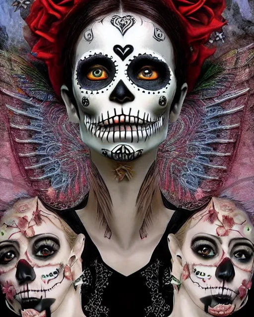 Image similar to dia de los muertos theme surrealist art in the styles of igor morski, jim warren, and a tim burton film, intricate, hyperrealistic, accurate facial details, profile picture with chromakey!!!!! background, volumetric lighting