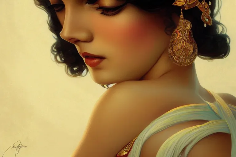 Image similar to sensual pale beautiful bengali girl, art deco portrait, elegant, intricate, digital painting, artstation, concept art, smooth, sharp focus, illustration, art by artgerm and greg rutkowski and alphonse mucha