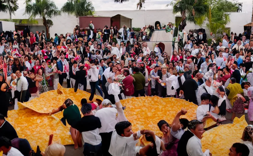 Image similar to a crowd of mexicans dancing around giant Nachos in a wedding,