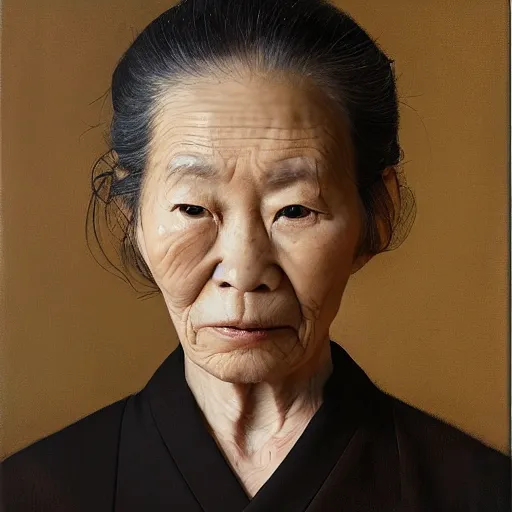 Image similar to portrait of an elderly Japanese woman dressed on a suit and tie, her hair in a tight bun, a serious expression on her face, oil on canvas, elegant pose, masterpiece, Jonathan Yeo painting