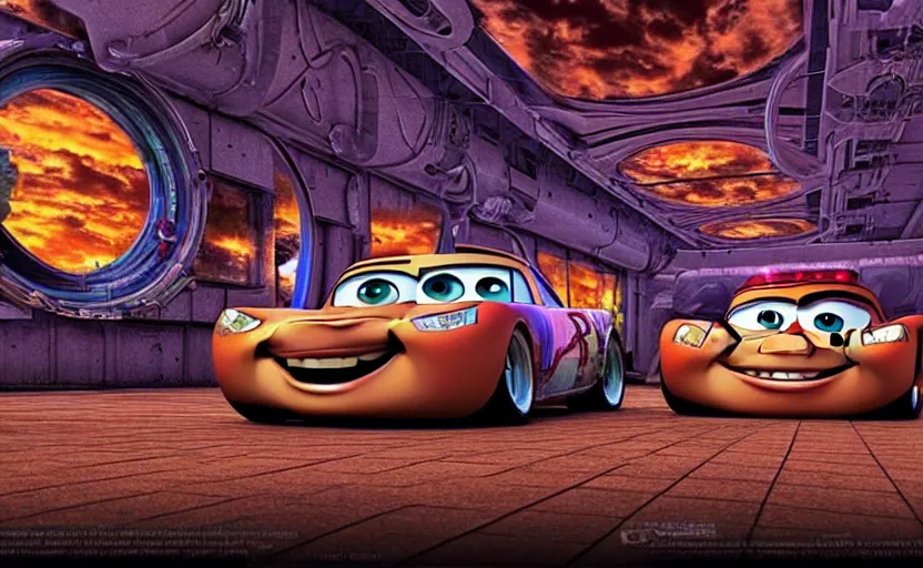 Image similar to mater from cars in a mirrored fractal hallway, romance novel cover, dmt visualization, in 1 9 9 5, y 2 k cybercore, industrial photography, still from a ridley scott movie