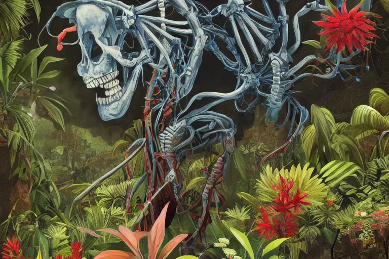 Image similar to 2 d gouache illustration, a lot of exotic vegetation, trees, tremendous skeletal robotic ancient gigantic cat, flowers, oldschool vintage sci - fi flat surreal design, super - detailed, painting by satoshi kon, hd, 4 k, high quality