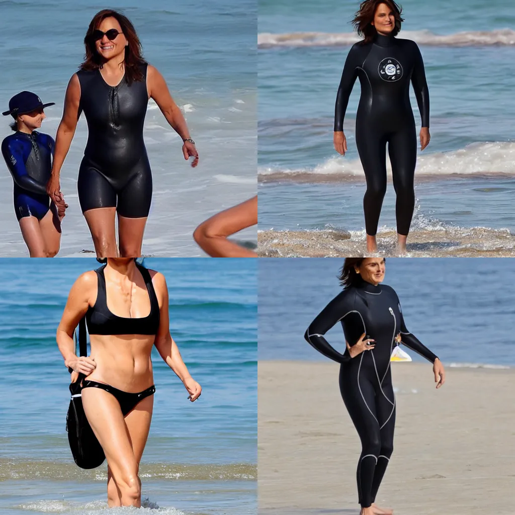Prompt: mariska hargitay wearing a full body wetsuit at the beach