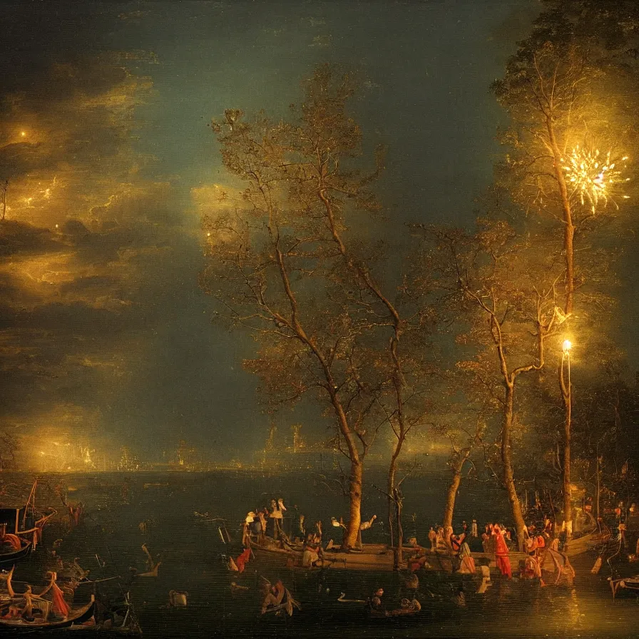 Prompt: a night carnival around a magical in a summer storm, tree cavity with a music scenario with many fireworks and christmas lights, next to a lake with iridiscent lake water, volumetric lightning, folklore people disguised with fantastic creatures in a magical forest by summer night, masterpiece painted by canaletto, scene by dark night environment, refraction lights, five star stories