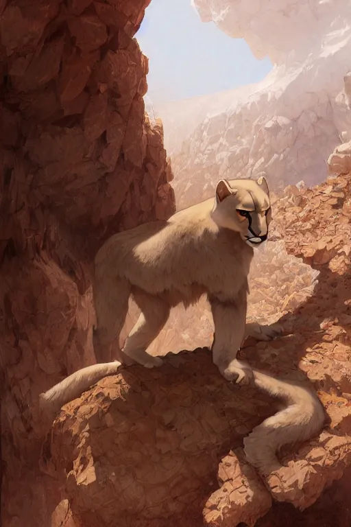 Image similar to A full commission of a male Furry Anthro albino mountain lion Fursona wearing miner's clothes in a desert mine, intricate, elegant, highly detailed, digital painting, artstation, concept art, smooth, sharp focus, illustration, art by Krenz Cushart and Artem Demura and alphonse mucha