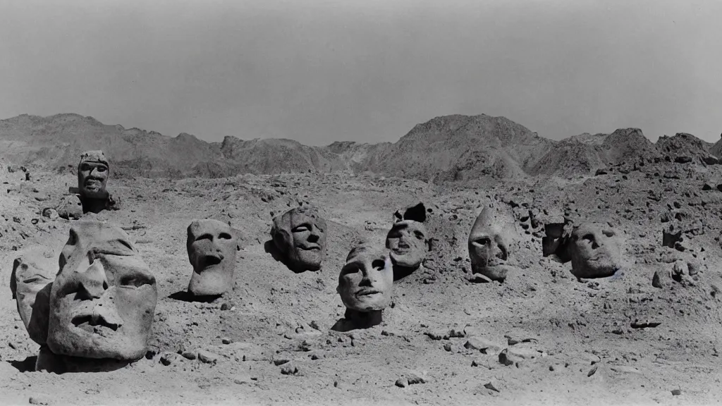 Prompt: photograph of excavations of giant stone heads found in a desert, vintage, nineteenth century, scientific photography, by edweard muybridge, cinematic, epic, photorealistic