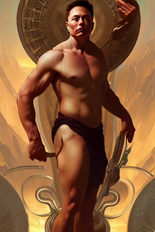 Image similar to Elon Musk as a Greek god, gorgeous, amazing, muscular, fit, very muscular male body, intricate, highly detailed, digital painting, artstation, concept art, sharp focus, illustration, art by greg rutkowski and alphonse mucha