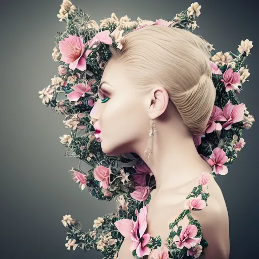 Image similar to beautiful blonde lady in a 3D flower dress , hyperrealistic, ultra detailed, octane render, symmetric, 3d, majestic, dark fantasy, intricate