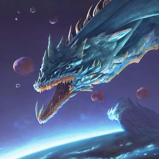 Prompt: Gigantic blue scaled dragon devouring an earth like planet while flying in space, sun system, behemoth, humanoid, nebula, oil painting, by Fernanda Suarez and Edgar Maxence and Greg Rutkowski