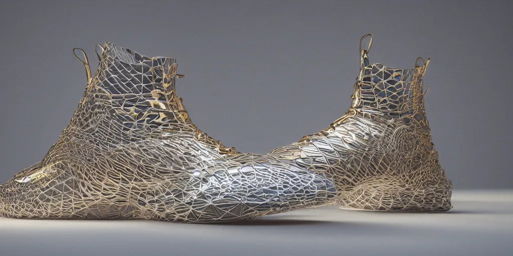 Prompt: one wire mesh high - top sneaker with neon illuminated soles on a grey surface, clean 3 d render, beautiful studio lighting, soft, sharp focus, cyberpunk, intricate detail, gold filigree, art by iris van herpen and syd mead and rodin