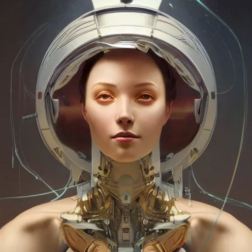 Image similar to a Robot painting a self-portrait, highly detailed, digital painting, artstation, concept art, sharp focus, illustration, art by artgerm and greg rutkowski and alphonse mucha and leonardo da vinci