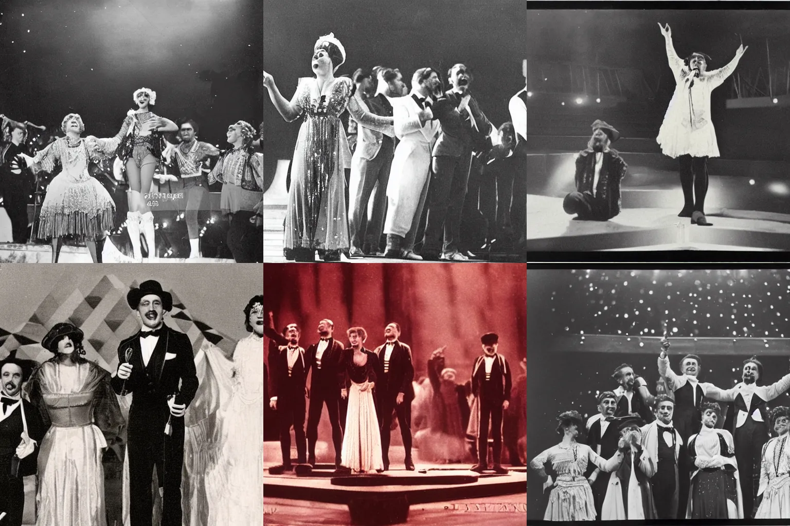 Prompt: A 1910 Eurovision stage performance, award winning photograph, kodachrome