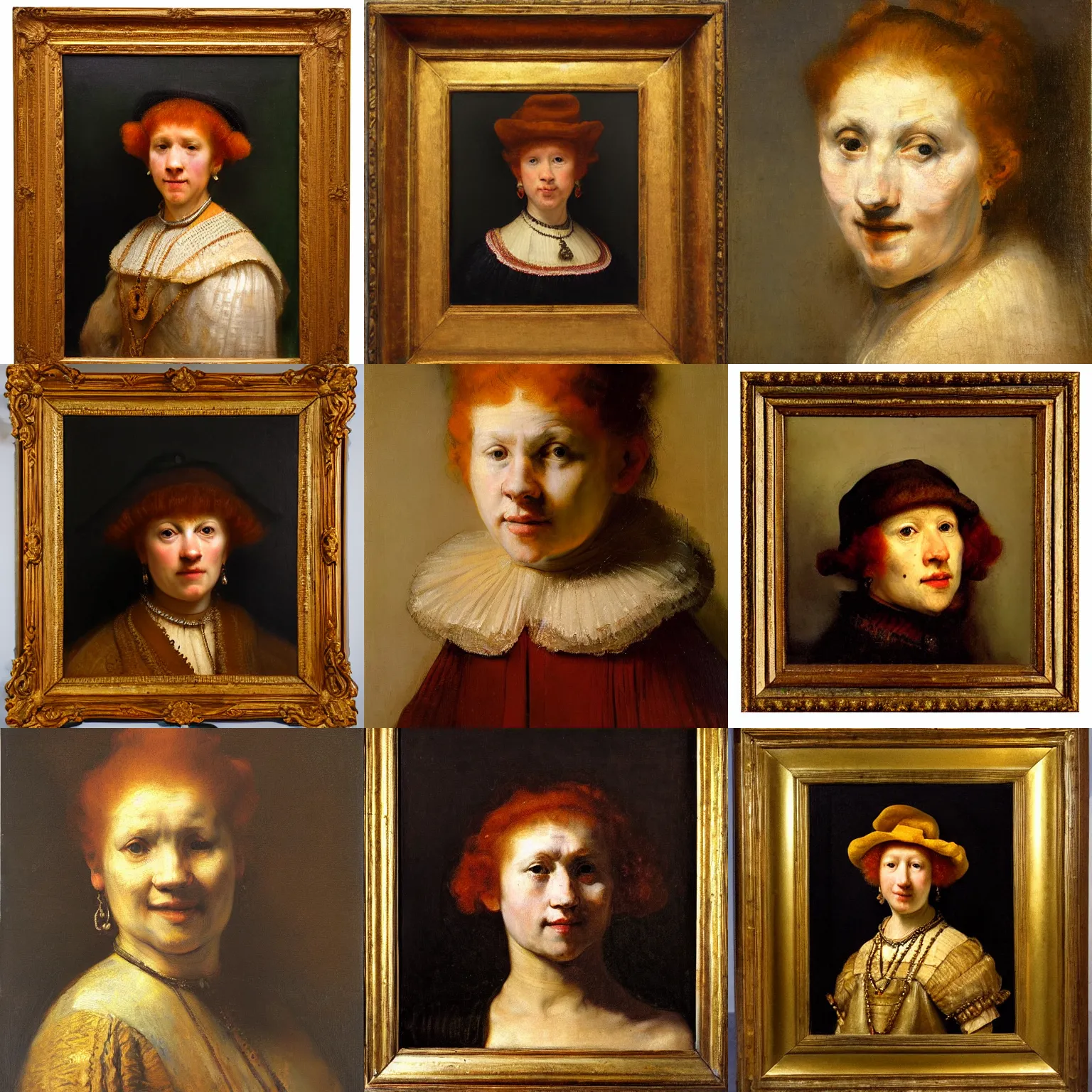Prompt: symmetrical portrait of a stocky redheaded woman, oil painting by Rembrandt