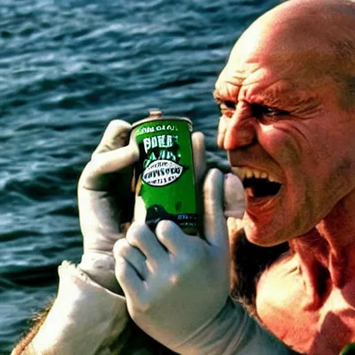 Prompt: a real life popeye the sailor crushing a can of spinach