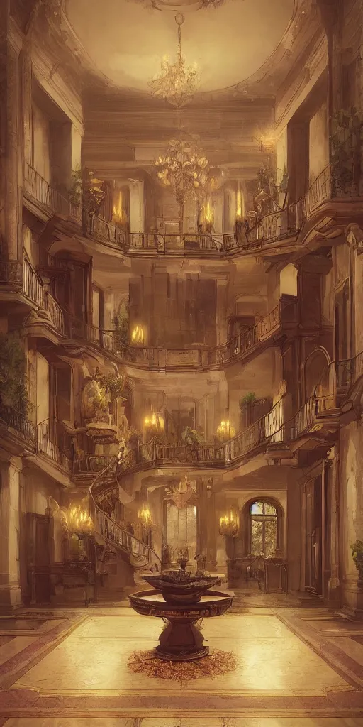Image similar to photo of a stunning mansion lobby. cozy. fireplace. trending on artstation. cgsociety. art by greg rutkowski and moebius.