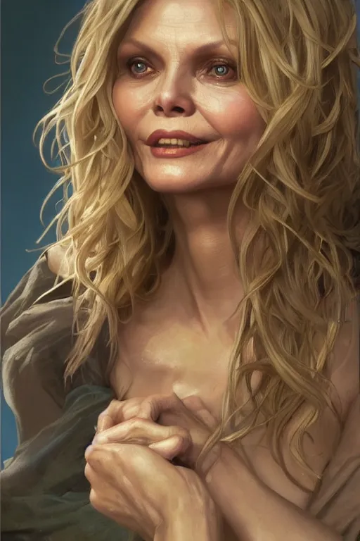 Prompt: painting of michelle pfeiffer,, ultra realistic, sharp details, subsurface scattering, intricate details, warm lighting, beautiful features, highly detailed, photorealistic, octane render, 8 k, unreal engine, art by artgerm and greg rutkowski and alphonse mucha