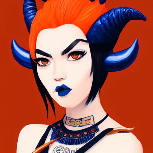 Image similar to illustrated realistic portrait of ram-horned devil woman with blue bob hairstyle and her tangerine colored skin and with solid black eyes wearing leather by rossdraws