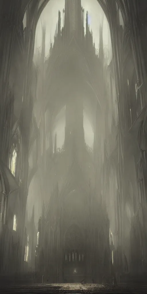 Image similar to epic cathedral!!!!!!!!!! interior!!! god-rays artstation atmospheric concept art cinematic digital fantasy gothic tall architecture haze!!! hazy smoke octane mood monks!!!