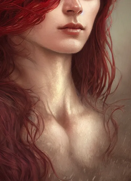 Image similar to vertical portrait of a ruggedly handsome female cleric, soft hair, close - up face, leather, witchy, d & d, fantasy, intricate, elegant, highly detailed, digital painting, artstation, concept art, smooth, sharp focus, illustration, art by artgerm and greg rutkowski and alphonse mucha, plain red background