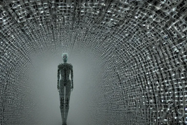 Image similar to a complex organic fractal 3 d ceramic symbiotic humanoid megastructure, cinematic shot, foggy, photo still from movie by denis villeneuve