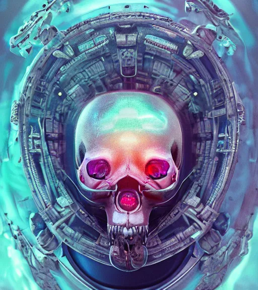 Image similar to portrait of a fantasycore glitchcore deformed animal skull in a helmet. intricate abstract. intricate artwork. celestial. prismatic, by Alex Stevenson Diaz, disney, pixar. octane render, CGSociety very coherent symmetrical artwork. cinematic, hyper realism, high detail, octane render, 8k, holographic accents