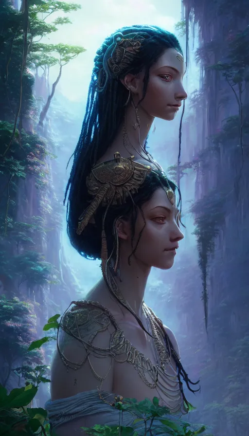 Image similar to highly detailed portrait of beautiful goddess in avatar, stephen bliss, unreal engine, fantasy art by greg rutkowski, loish, rhads, ferdinand knab, makoto shinkai and lois van baarle, ilya kuvshinov, rossdraws, tom bagshaw, global illumination, radiant light, detailed and intricate environment