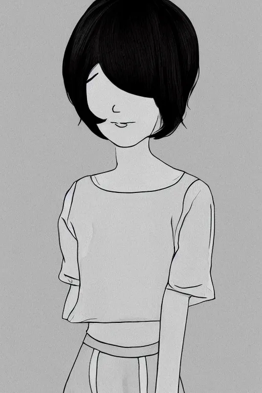 Image similar to portrait of a girl in long pants and a top, hands in pockets, eyes closed, bob haircut, digital art, black and white, lineart by roro kurotani