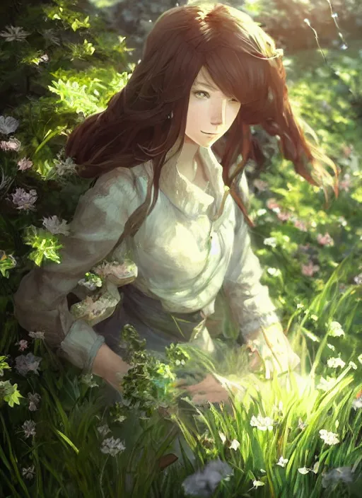 Prompt: a portrait of the emerald herald in the garden, intricate, tone mapped, ambient lighting, very detailed, digital painting, concept art, sharp focus, by makoto shinkai and akihiko yoshida and hidari and wlop