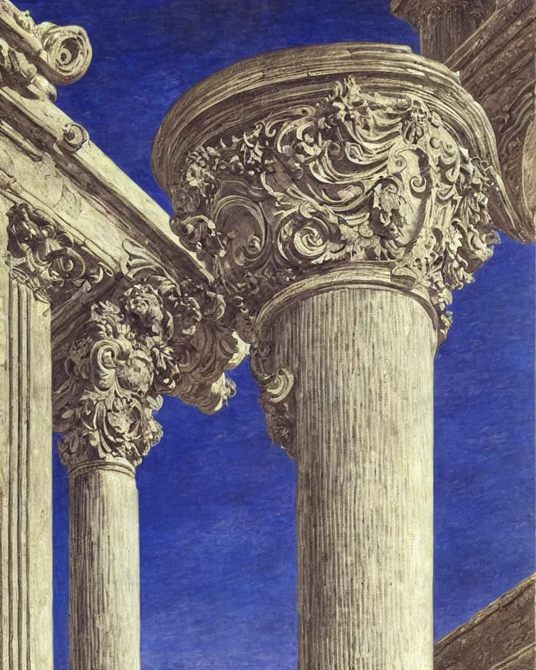 Image similar to achingly beautiful painting of intricate ancient roman corinthian capital on brilliant sapphire background by rene magritte, monet, and turner. giovanni battista piranesi.