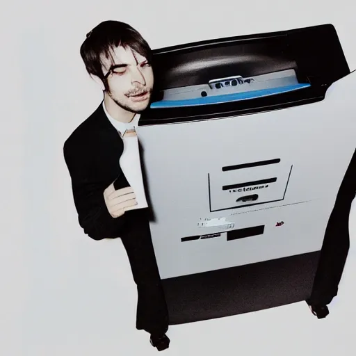 Prompt: twin fantasy album cover being put through paper shredder