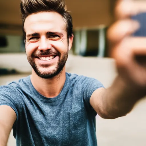 Prompt: stock image photo of a white guy smiling, closeup, selfie, HD