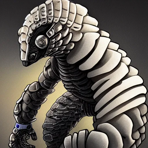 Image similar to a cyborg alien pangolin. highly detailed. staning upright. white and gold scalea. digital ink. far future. award winning artstation