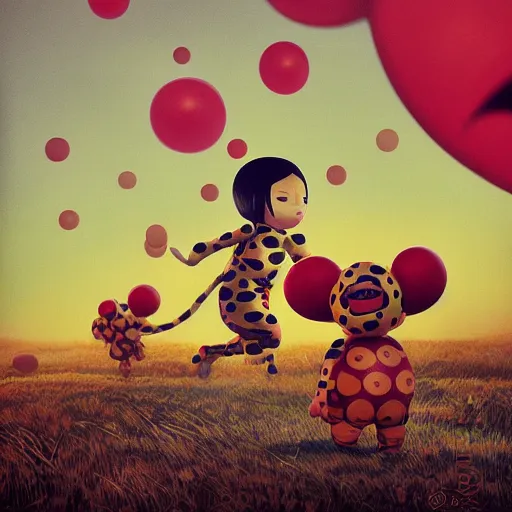 Prompt: yayoi kusama being chased by a ballon dog, nendroid, art by wgreg rutkowski. during golden hour. extremely silly in style of butcher billy.