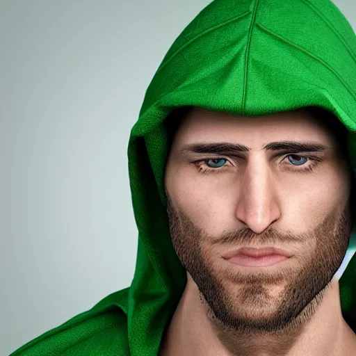 Prompt: portrait of a chad programmer with green hood, photorealistic
