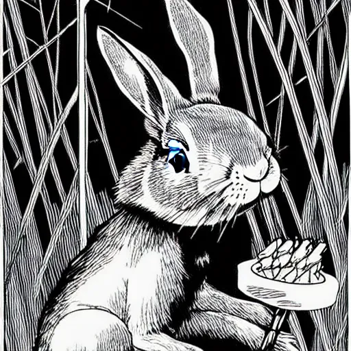 Image similar to an epic profile of a rabbit smoking a cigarette deep in the forest, striking pose, black and white illustration, creative design by junji ito