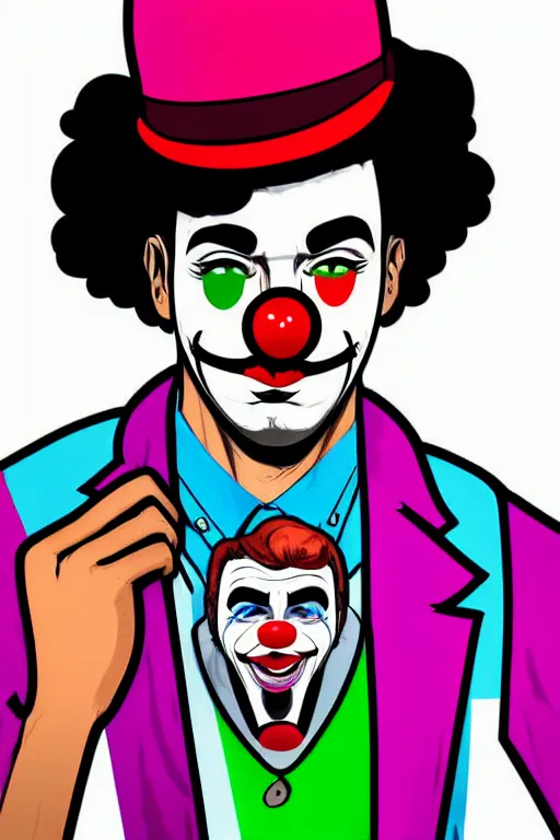 Prompt: detailed display twitter guy wearing an blouses with clown mask. pop art, gta vice city art style, face and body features, ultra realistic details, digital art, concept art, smooth art, sharp focus, illustration, intecrate details, elegant, confident posse, art by mark millar and richard hamilton and mimmo rottela