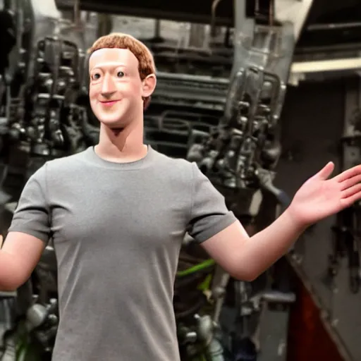 Image similar to animatronic Mark Zuckerberg, exposed mechanics, photo, Stan Winston studios, detailed, 4k