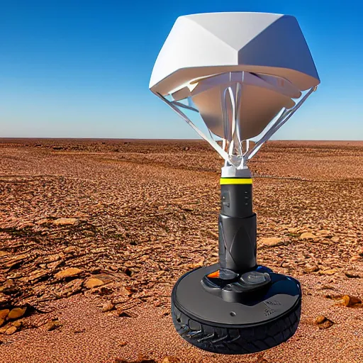 Image similar to cone shaped peaceful mobile biomimetic rugged anemometer station sensor antenna on all terrain tank wheels, for monitoring the australian desert, XF IQ4, 150MP, 50mm, F1.4, ISO 200, 1/160s, dawn, golden ratio, rule of thirds