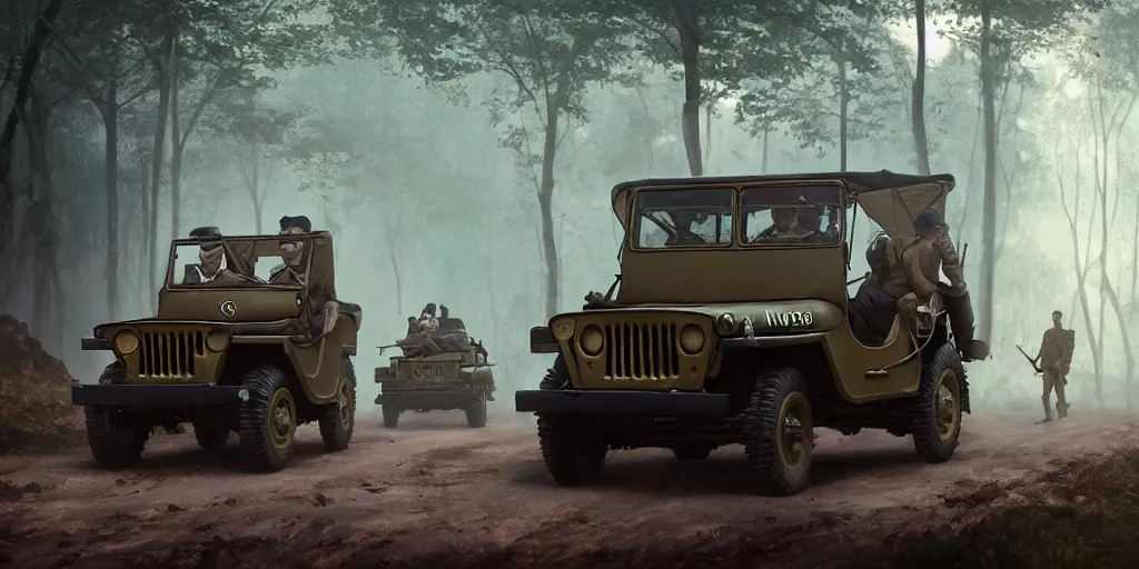 Image similar to british officers riding willys jeep, in kerala forest road in 1921, chasing a culprit, action scene, an epic fantasy, dramatic lighting, cinematic, establishing shot, extremely high detail, photorealistic, cinematic lighting, matte painting, artstation, by simon stalenhag, horizon forbideen west