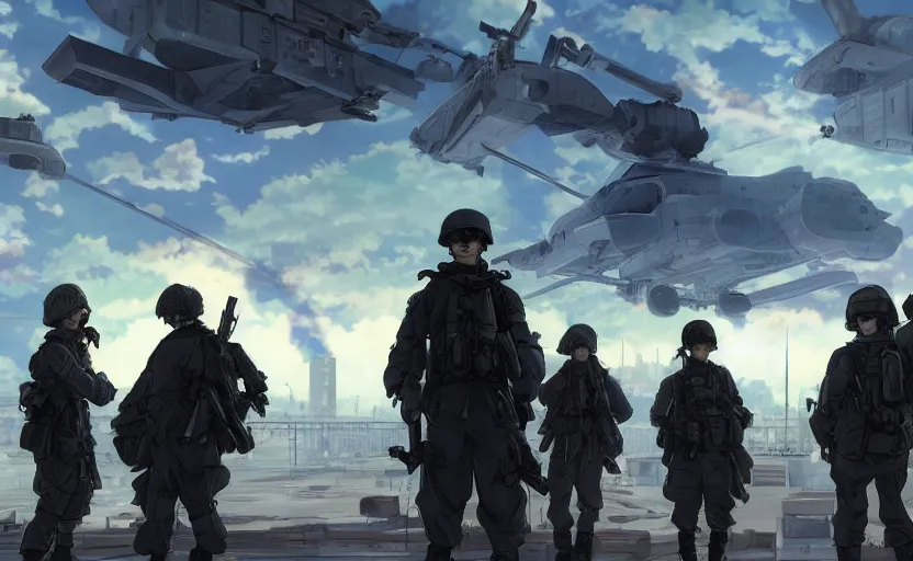 Image similar to anime style, modern warfare, panoramic view, searchlights in background, soldier clothing, hair down, real faces, symmetrical facial features, from arknights, hyper realistic, wallpaper, detailed drawing, trending pixiv, safebooru, volumetric lights, realistic lighting, by alphonse mucha, greg rutkowski, sharp focus, backlit, mechanized transport