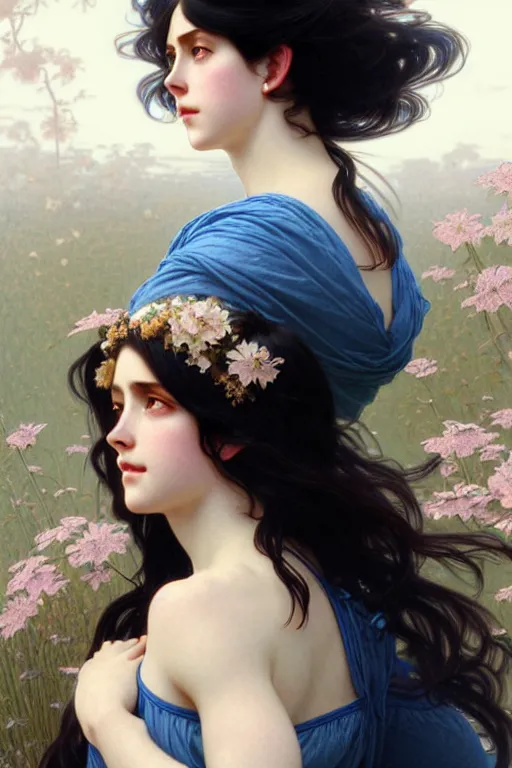 Image similar to ultra realistic, Beautiful black haired woman, Porcelain white complexion, big blue eyes, wearing dress blowing in the wind, detailed background, intricate details, highly detailed, octane render, 8k, art by artgerm and alphonse mucha and greg rutkowski