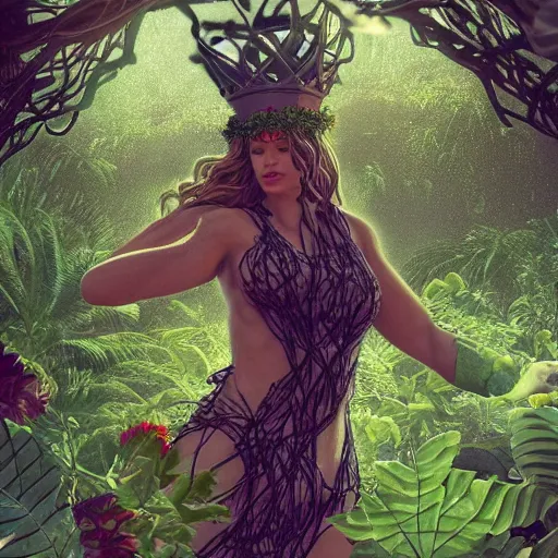 Image similar to a giant woman made of vines and leaves and a crown made of flowers towering over a tropical island, Dramatic Lighting, Trending on Artstation HQ, 4K, UHD.