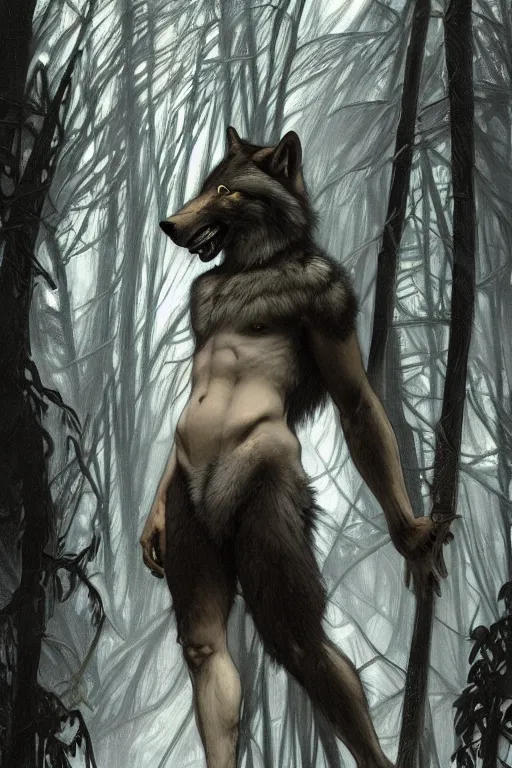 Prompt: full figure beautiful young fit antrophomorphic male wolf, bared teeth and long claws, frozen scene, by greg rutkowski and alphonse mucha, d & d character, gradient black to silver, in a forest at night, highly detailed portrait, digital painting, artstation, concept art, smooth, sharp focus illustration, artstation hq