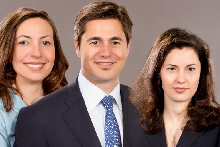 Prompt: full body official photo portrait of a young handsome canadian prime minister and his two lawyer girlfriends