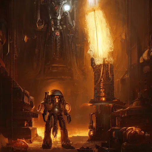 Image similar to portrait of adeptus mechanicus techpriest at a forge, by cedric peyravernay and feng zhu, highly detailed, excellent composition, cinematic concept art, dramatic lighting, trending on artstation