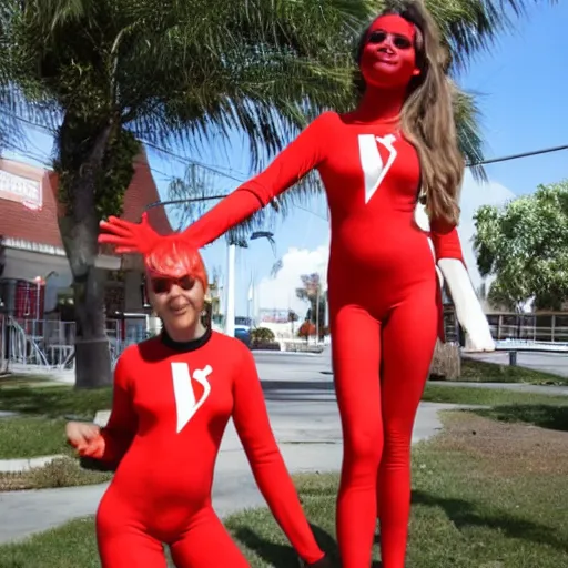 Image similar to woman in a tight KFC themed morph suit