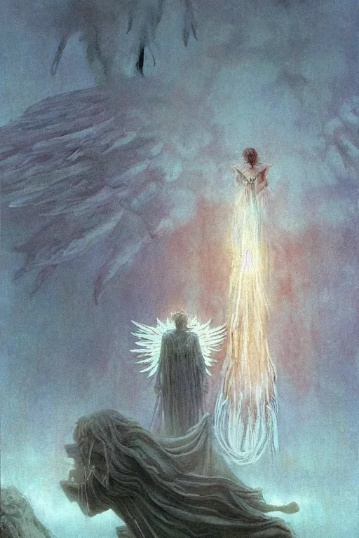 Image similar to giant white glowing angel rising above fallen demon lying on the foggy ground by wayne barlowe, wes anderson, arnold bocklin, roger dean, mikalojus konstantinas ciurlionis, mikhail vrubel and wadim kashin, rich moody colours, 9 0 - s anime, ethereal, lo - fi retro videogame