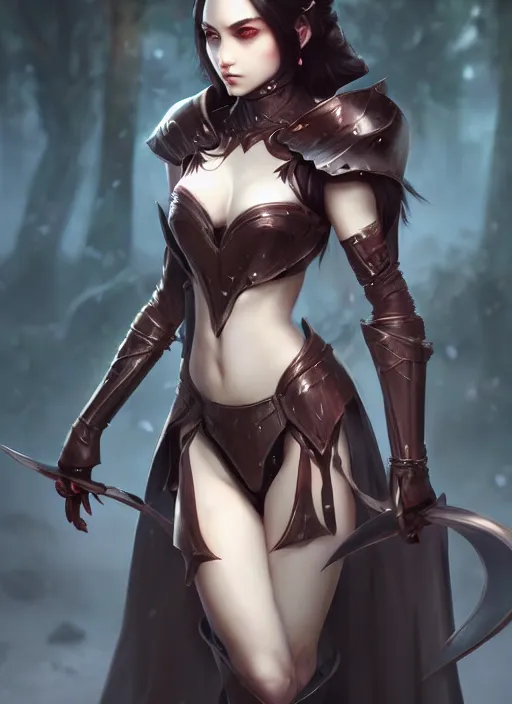 Image similar to full plate armor!!! beautiful and elegant dark hair female vampire!! gorgeous ayes!! character concept art, sharp focus, octane render! unreal engine 5! highly rendered!! trending on artstation!! detailed linework!! illustration by artgerm, wlop, and chie yoshii