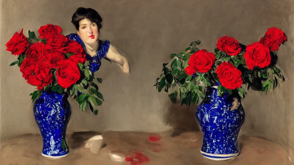 Image similar to portrait of rebekah delrio in lynch pattern, big persian detailed pot of red roses, blue and red lights painted by john singer sargent